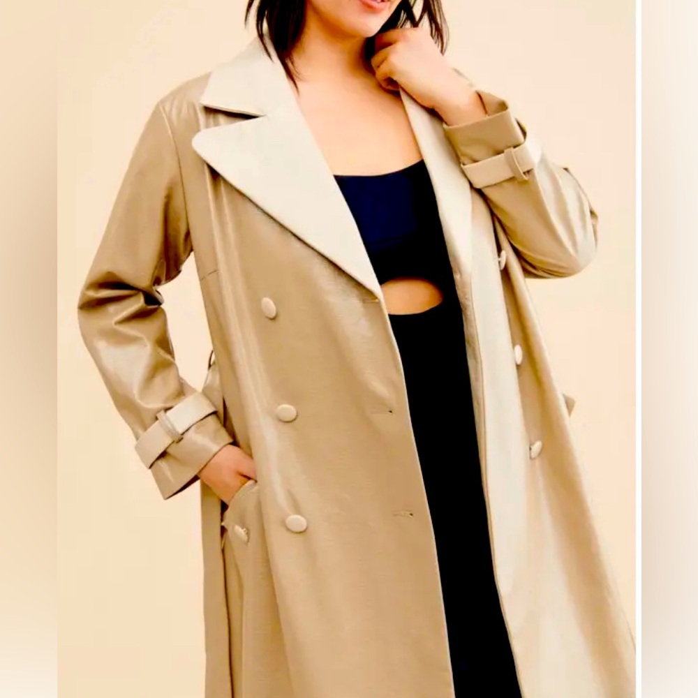 Anthropologie Hutch Vegan Leather Trench Coat beige & cream double-breasted NWOT - Picture 4 of 16